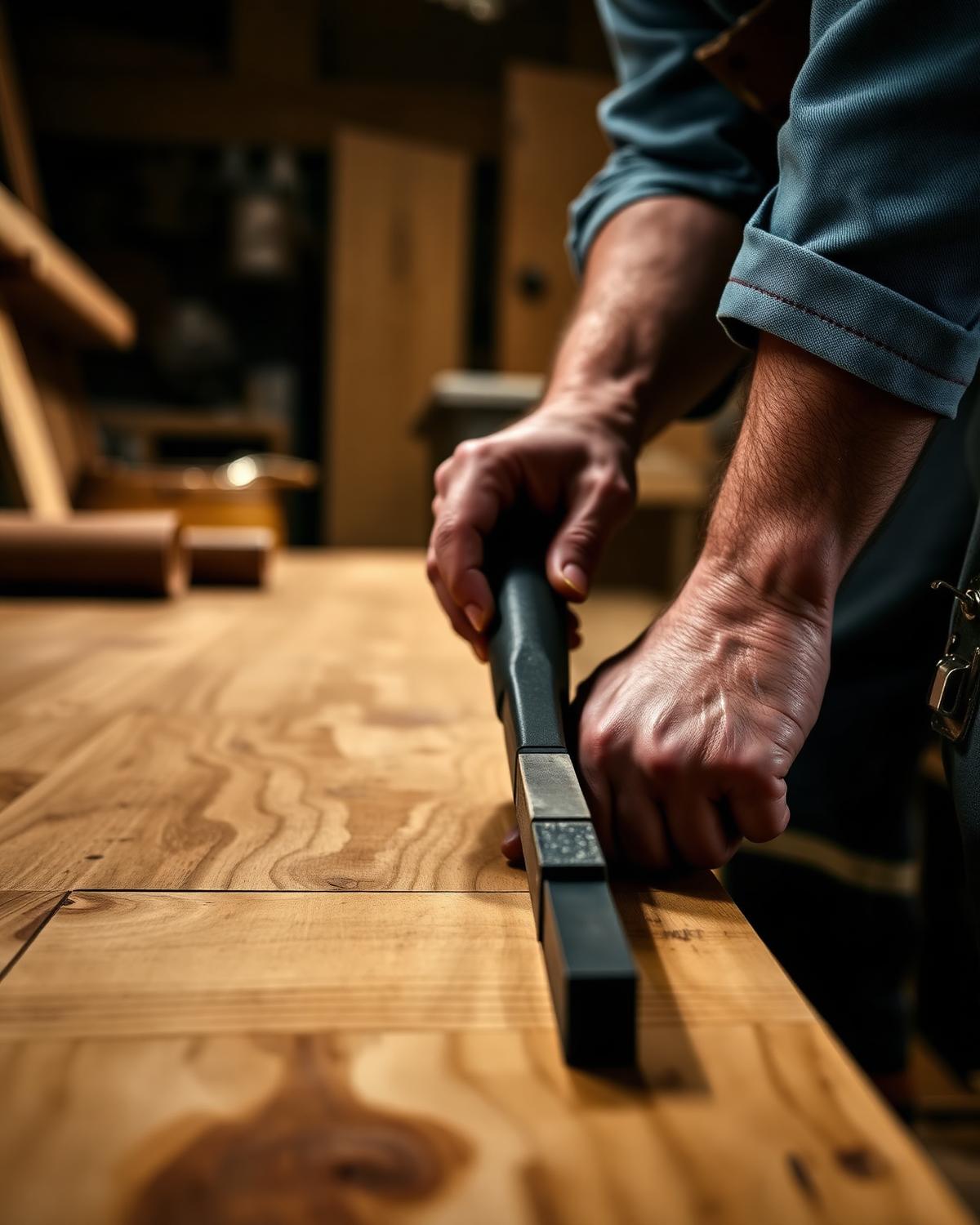 Master craftsman installing a hardwood plank